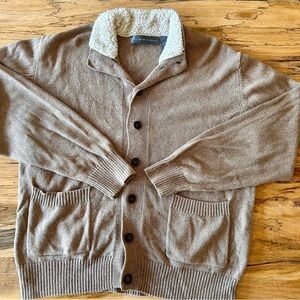 Oscar de la Renta Taupe Brown Sherpa-Collar Button Cardigan